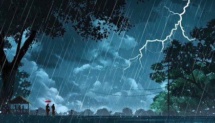 Monsoon Rainstorm: A dramatic scene of a monsoon rainstorm in India, with heavy rain, thunder, lightning, and people taking shelter or enjoying the refreshing downpour.. - obrazy, fototapety, plakaty