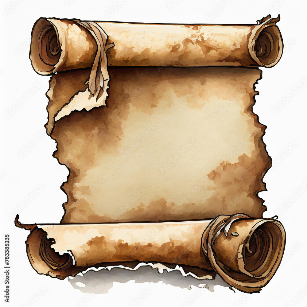 Poster old scroll and letter paper with torn and burnt edges isolated on white background. no shadow