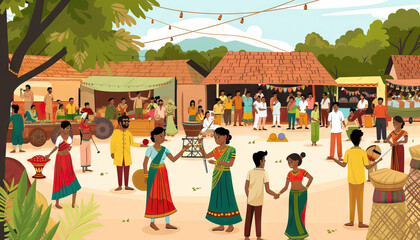 Village Fair: A lively village fair in rural India, with folk music, dance performances, traditional games, and local handicrafts on display