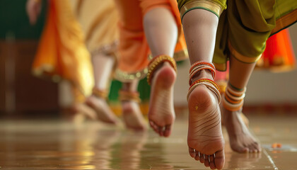 Indian Classical Dance Performance: A graceful performance of Indian classical dance forms such as Bharatanatyam, Kathak, or Odissi, showcasing intricate footwork and expressive gestures