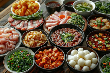 variety of delicious asian cuisine dishes displayed on a wooden table, including seafood, vegetables, soup, noodles, meatballs, tofu, and dumplings