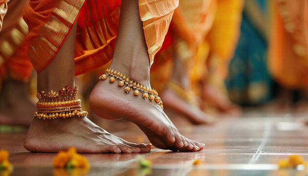 Indian Classical Dance Performance: A graceful performance of Indian classical dance forms such as Bharatanatyam, Kathak, or Odissi, showcasing intricate footwork and expressive gestures