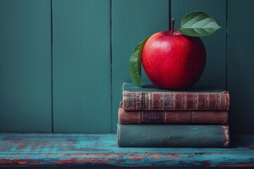 Red Apple on Stack of Books. Generative AI - obrazy, fototapety, plakaty