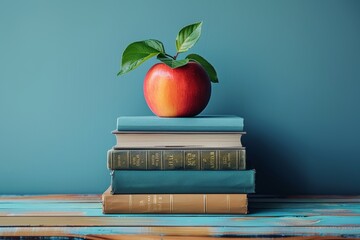 Red Apple on Top of Stack of Books. Generative AI