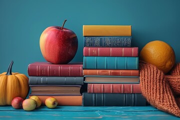 Stack of Books With Apple and Orange. Generative AI - obrazy, fototapety, plakaty