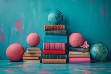 A Pile of Books Next to a Blue Wall. Generative AI - obrazy, fototapety, plakaty