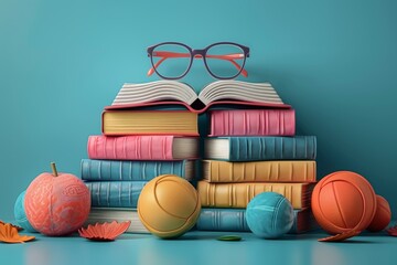 Stack of Books With Glasses. Generative AI - obrazy, fototapety, plakaty