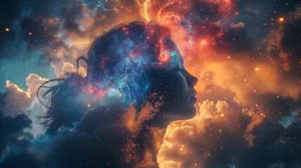A woman's face is shown in a cloud of colorful stars, AI
