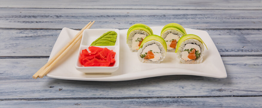 Sushi presented on a beautiful plate, culinary concept, stock photo