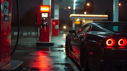 Front shot of gas station and the car stopped for filling up