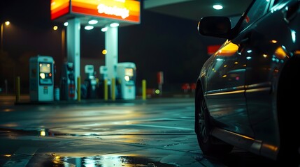 Closeup view of gas station and the car stopped for filling up