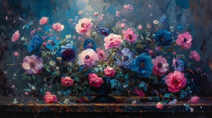 Fototapeta na wymiar A painting featuring a blue table with a vase holding pink and blue blooms Background is a solid blue wall