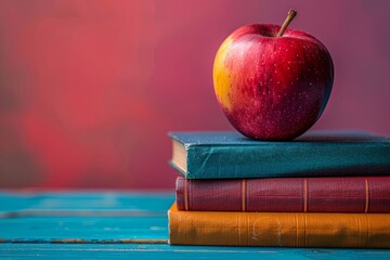 Red Apple on Top of Books. Generative AI
