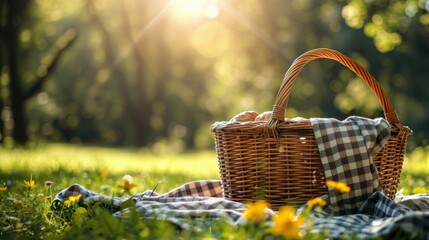 Picnic Basket on Blanket in Grass