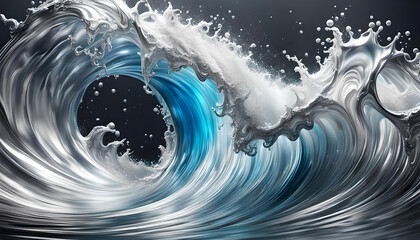 Hintergründe und Vorlage einer Welle in silber blau, wie flüssiges Metall oder Frische in grau Tönen mit Spritzern und Tropfen in dynamisch geschwungenen Linien und voller Lebendigkeit und Energie - obrazy, fototapety, plakaty