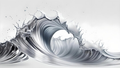 Hintergründe und Vorlage einer Welle in Silber, wie flüssiges Metall oder Frische in grau Tönen mit Spritzern und Tropfen in dynamisch geschwungenen Linien und voller Lebendigkeit und Energie