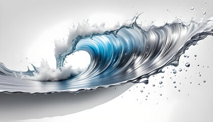 Hintergründe und Vorlage einer Welle in silber blau, wie flüssiges Metall oder Frische in grau Tönen mit Spritzern und Tropfen in dynamisch geschwungenen Linien und voller Lebendigkeit und Energie