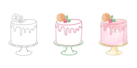 The drawing features three cakes with distinct toppings, showcasing variety and creativity in dessert decoration. Each cake is uniquely adorned with toppings