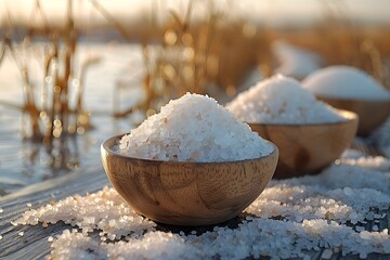 Harvested Sea Salt Crystals at Sunset. Concept Nature Photography, Salty Scenery, Sunset Moments, Ocean Treasures, Salt Harvesting - obrazy, fototapety, plakaty