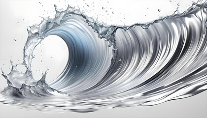 Hintergründe und Vorlage einer Welle in silber blau, wie flüssiges Metall oder Frische in grau Tönen mit Spritzern und Tropfen in dynamisch geschwungenen Linien und voller Lebendigkeit und Energie - obrazy, fototapety, plakaty