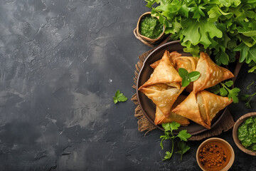 A plate of traditional Indian food Samosas with a bunch of green herbs on the side. The plate is on a table with a black background - Powered by Adobe