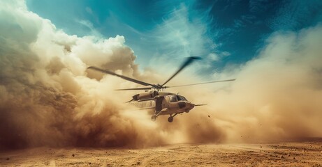 Obraz premium Military chopper takes off in combat and war flying into the smoke and chaos and destruction. Military concept of power, force, strength, air raid. Portrait View. AI generated illustration