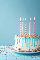 birthday cake with candles on a plain background Generative AI