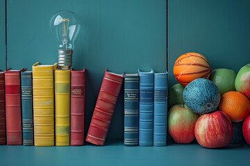 Light Bulb on Top of Pile of Books. Generative AI - obrazy, fototapety, plakaty