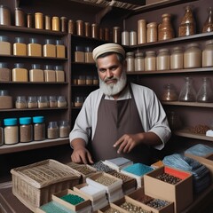 Portrait of a bearded mature man in apron and turban working in a textile shop. Illustration