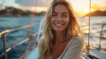 Smiling woman on the deck of a sailing yatch
