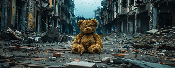 Teddy bear toy sitting alone on the floor in a room of an old abandoned house. Dramatic scary background, copy space for text, darkness horror concept. AI generated illustration