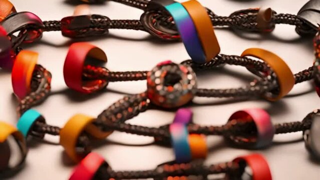 A modern bracelet made of colorful woven leather and metal accents