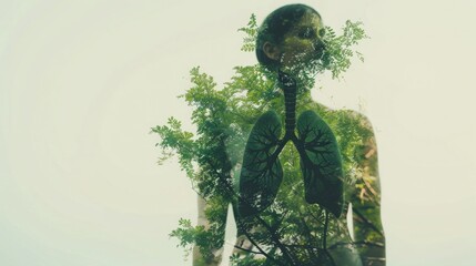 Double exposure of a person , showing healthy lungs and greenery inside, for World Asthma Day