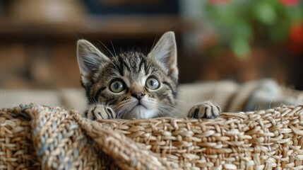 Small Kitten Sitting Inside Woven Basket