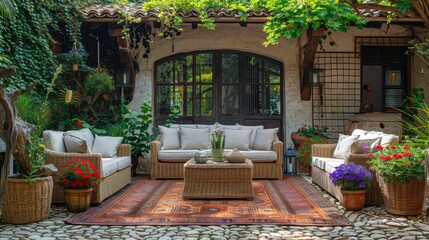 Fototapeta na wymiar Patio With Couch, Chairs, and Rug