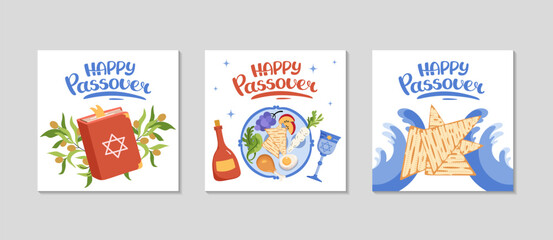 Happy Passover greeting card set. Collection with Seder plate, meal, matzah, wine, torus. Holidays square template set. Greeting post background for Social media. Vector flat illustration.