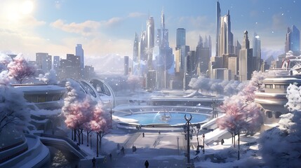 A group of AI-generated urban planners designing a winter-friendly city, incorporating heated sidewalks, energy-efficient public transportation, and green spaces that thrive in cold climates, creating - obrazy, fototapety, plakaty