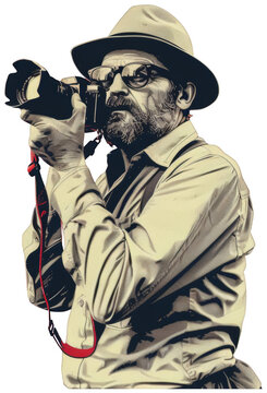 a man with a hat and glasses taking a picture with a camera. Transparent Background PNG