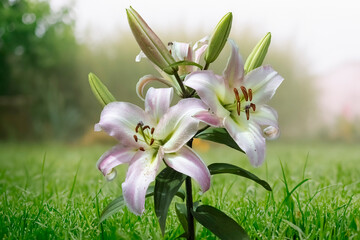 Closeup of a white tree lily in the summer garden