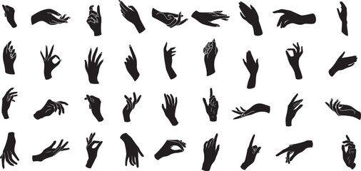 Set of various black silhouette woman hands. Vector collection of female hands of different gestures. Trendy minimal style for logos, prints, designs, illustrations