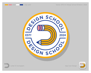 Monogram D in the form of a bent pencil. Design school emblem. Design studio icon. Monogram D.