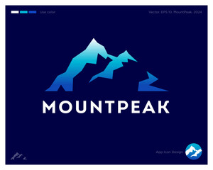 Mountpeak logo. Letters and silhouette of icepeaks. Emblem for sport clothing, equipment for mountain climb. Mountain travel and extreme tourism.