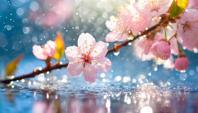 Pink Sakura branch and water drop on water surface, peaceful spring background with defocused sun lights, springtime flowers blooming, softness and serenity