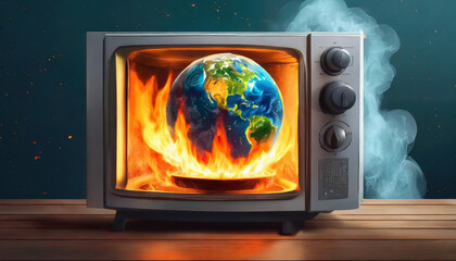 Planet Earth globe is burning in a microwave oven, conceptual illustration of global warming, temperature increase, over heating of the world in climate change