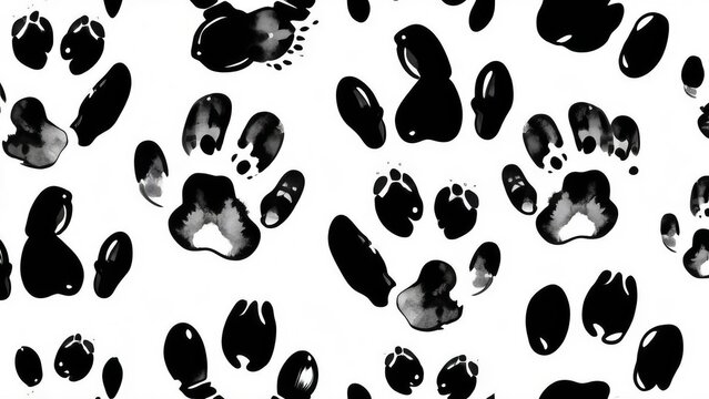 Watercolor animal paw prints in varying shades of black and gray