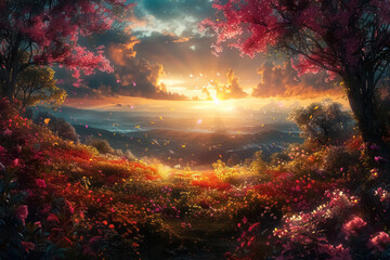 enchanting sunset in a magical flower garden with blossoming trees and glowing petals