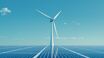 A solitary wind turbine stands tall amidst a vast field of solar panels under a clear blue sky.