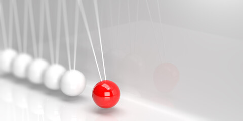 Newton's Cradle with balancing pendulum hanging in line with released red ball. Balance and imbalance concept, white background, shadows and copy space. 3d rendering realistic design illustration. - obrazy, fototapety, plakaty