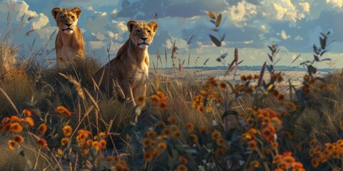 lions in the wild Savannah Generative AI - obrazy, fototapety, plakaty