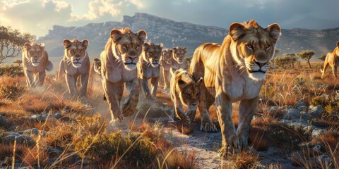 lions in the wild Savannah Generative AI - obrazy, fototapety, plakaty